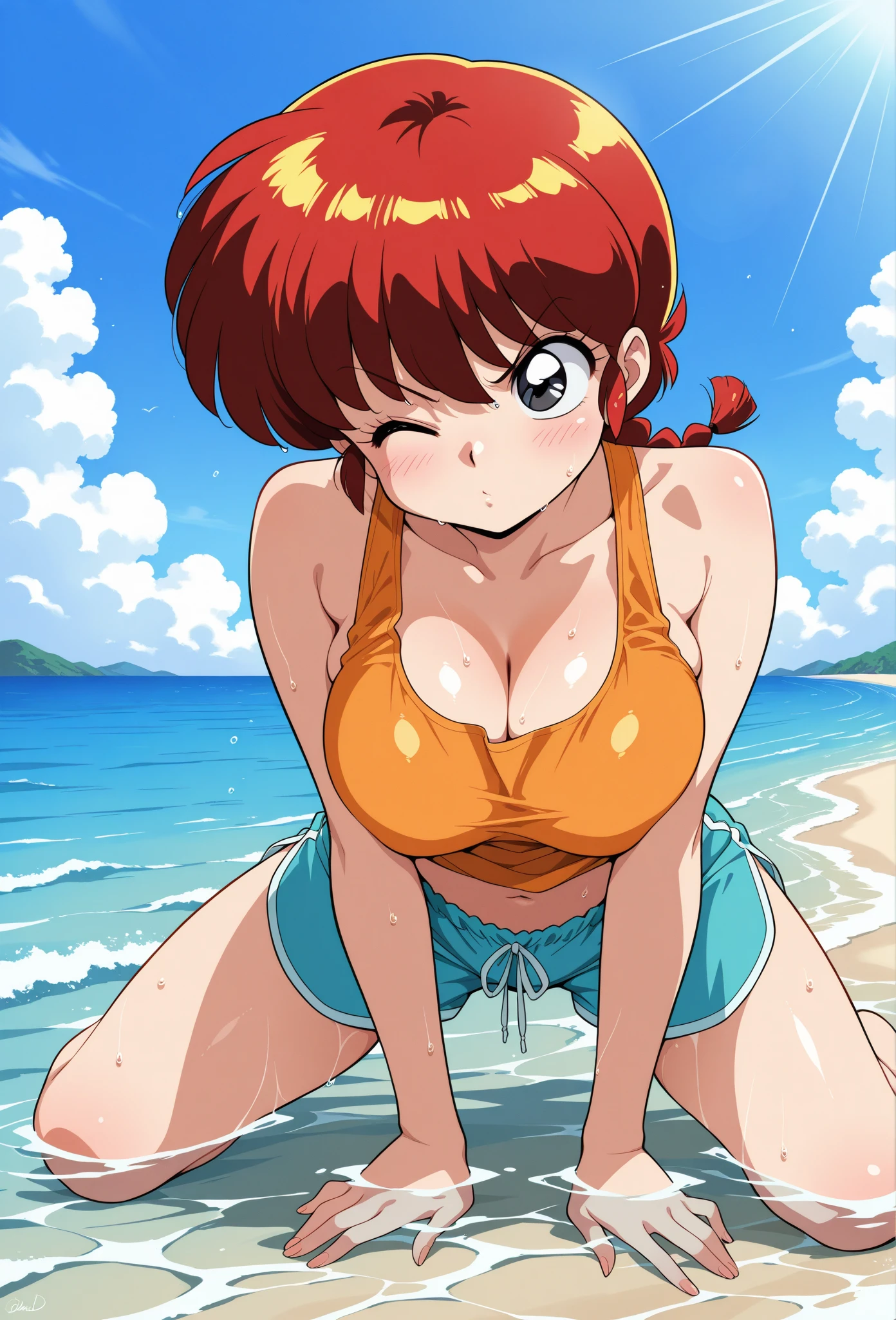 best quality, ultra-detailed, high resolution, 1990s_(style), retro artstyle, 1990s anime cels style, vivid colors, flat color, beach, 1girl, (huge breasts, hanging breasts:1.3), micro bikini, red hair, short hair, blue eyes, big eyes