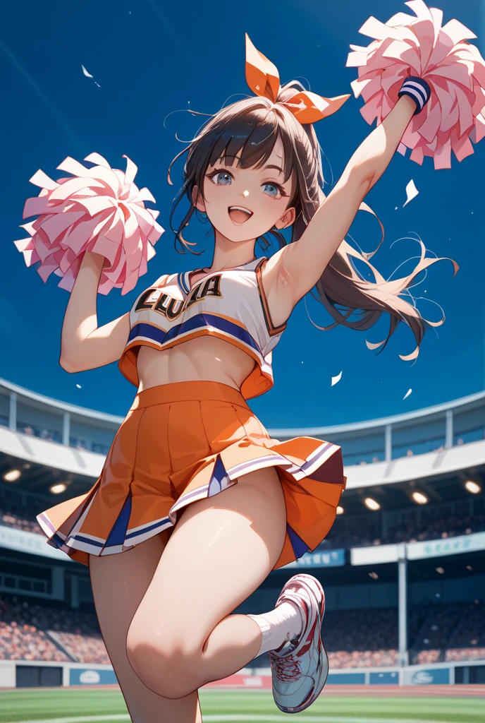(pixel-perfect, detail-perfect), solo, 1girl, highly detailed, absirdres, masterpiece, illustration, game cg, hanamaru kunikida, beautiful detailed eyes, amber eyes, cheerleader, midriff, cleavage, glossy lips, sneakers