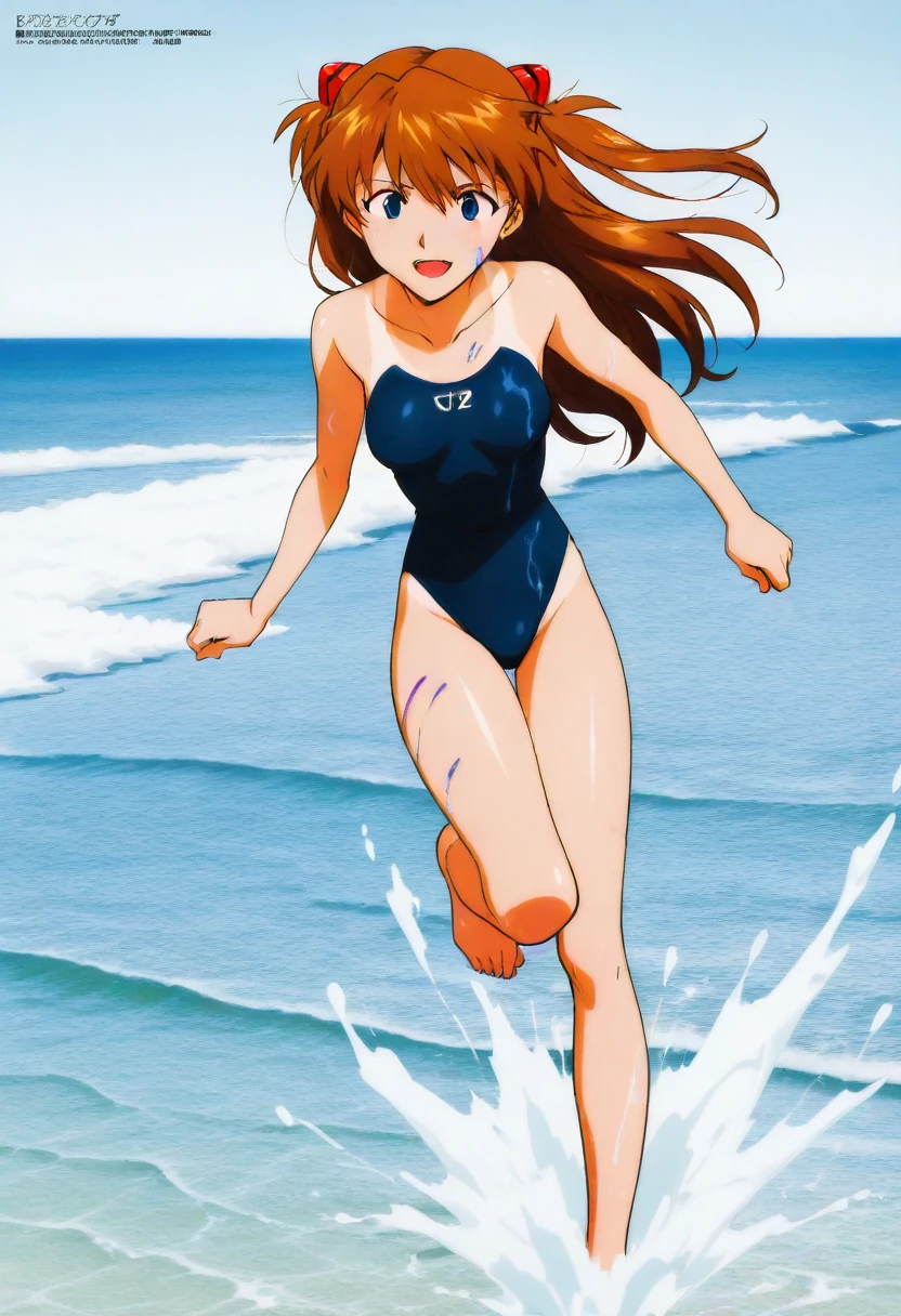 masterpiece, highest quality, disorganized, retro artstyle, 1980s \(style\)))), look viewer, 2 girls, chaseing on the beach, (another girl running away long hair, white bikini) (a girl chasibg short hair, vermilion one-piece swimsuit),