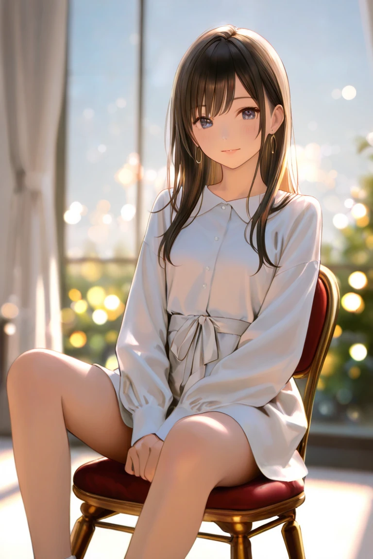 Anime girl sitting on windowsill，Legs crossed, Smooth anime CG art, Surrealism female students, Surrealism female students, Beautiful anime girl, Realistic schoolgirl, Beautiful Anime High School Girls, ssmile，Soft lighting, attractive anime girls, trending on cgstation, Cute anime girl, anime visual of a cute girl, Makoto Shinkai. A digital rendering，Sunrise outside the window