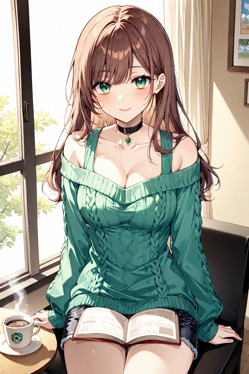 (8K, Best Quality, Masterpiece, Ultra High Resolution) 1 Girl, Short, Beautiful Eyes, Face Details, Long Light Brown Hair, Green Eyes, Pale Skin, Casual Dress, Curvy Body, Large Bust, Sitting on Sofa Masterpiece, Best Quality, Upper Body, Looking at the Viewer, Close Up