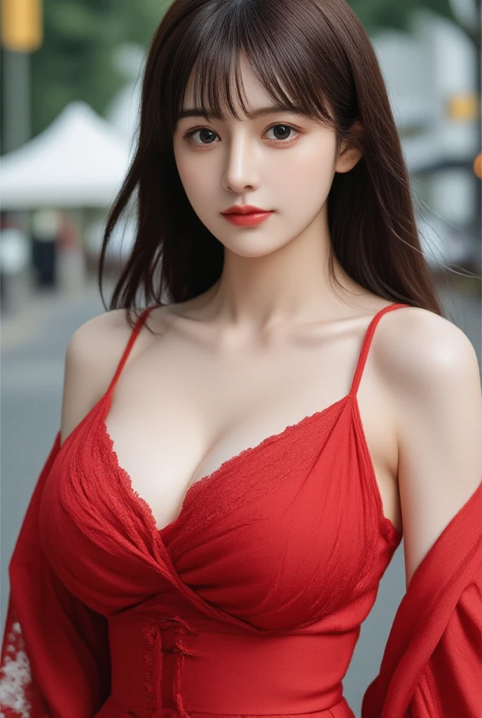 woman,japanese,red shirt,bare shoulders,realistic details, high resolution,bokeh,outstanding details