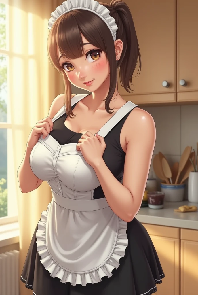 female, Apron, voluptuoso, sentado, sideboob, Axila, (no pants), (sem calcinha)