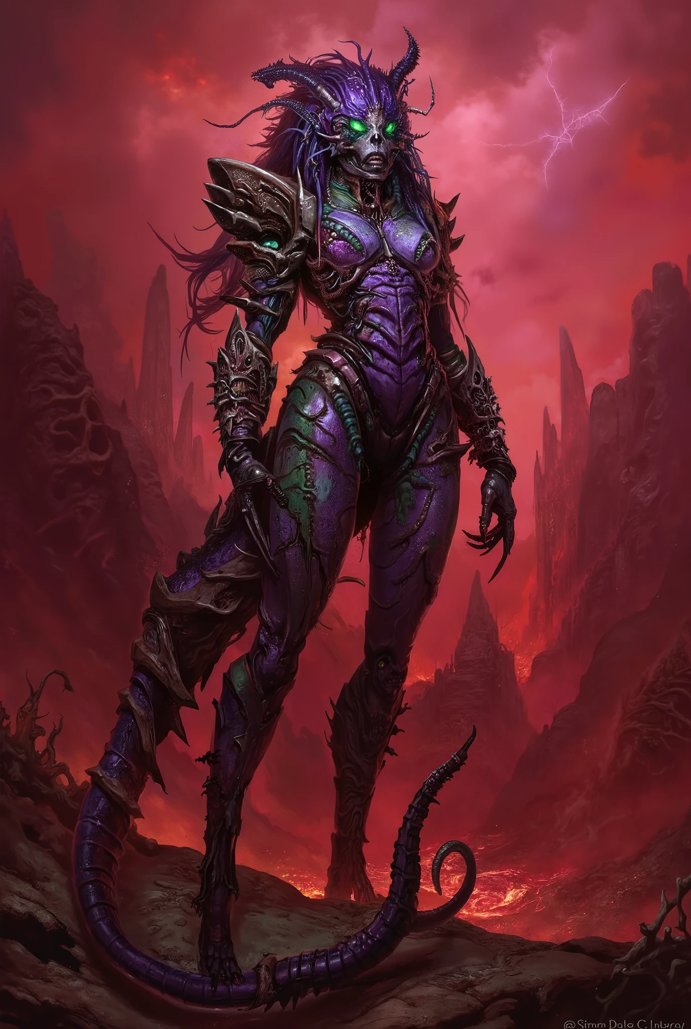 A terrifying and majestic female demon queen with a fully transformed biomechanical body — her form is covered in purple and green chitinous armor, organic scales, and ridged tendrils, giving her a fusion of insectoid and reptilian elegance — glowing emerald eyes shine with otherworldly intelligence, and her head is crowned with armored ridges and spiked horn structures — her muscular tail coils behind her like a living whip, covered in segmented plates — her claws are long and bladed, her mouth filled with needle-like teeth — she stands in a blood-red volcanic hellscape, surrounded by bone-like spires and lava mist — the atmosphere is suffocating and apocalyptic — ultra-detailed dark sci-fi fantasy art, inspired by H.R. Giger, Zerg aesthetics, and demonic evolution