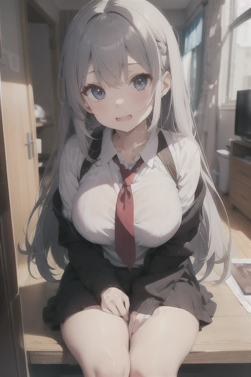 Mastepiece、masterpiece、highest quality、Super detailed、High resolution、8K Portrait、High definition CG of Unity 8k wallpaper、Cute little:1.5、Loli:1.5、Highly detailed CG Unity 8k wallpaper、Realistic、Real person、 Portrait Photography、Shiny skin、High definition、(16 years old:1.2)、(1 girl)、Beautiful clear eyes、extremely detailed description、Delicate face、Nice lips、Slim body、(thin waist)、Thin legs、(bed room:1.6)、1 Girl, Cute, Perfect Face, seriously, (blush:1.5),(Silver Hair Long Hair:1.3),(medium breasts:1.4),(school uniform:1.5),(tits topless:1.5),(Has nipples:1.3),(looking at view),(from front),(disapproval face:1.5),(Strike a Pose:1.2)