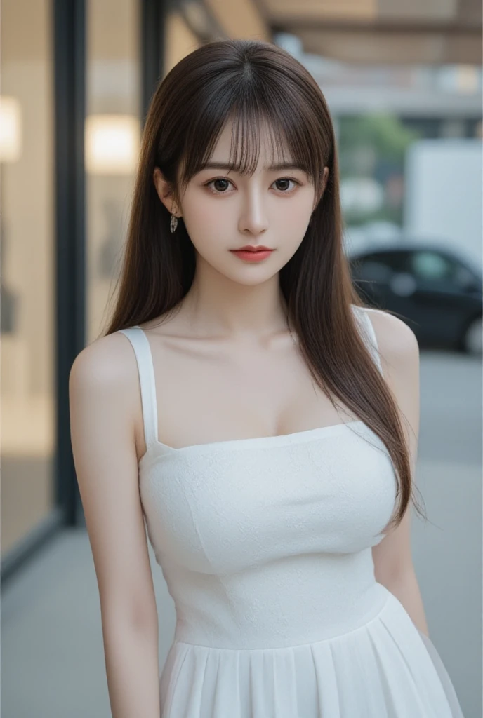 ((top-quality、8k、masterpiece:1.3))、foco nítido:1.2、Beautiful Women in Perfect Style:1.4、Slender abs:1.2、((Dark brown hair、huge tit:1.2))、(natural soft light、City Street:1.1)、Highly detailed facial and skin texture、A detailed eye、二重まぶた、Elegant white blouse