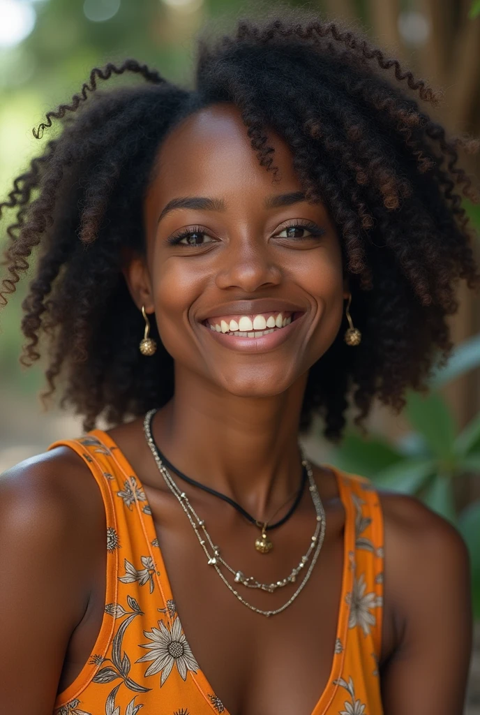 Créer une femme afro haïtienne, nommée Manbo Gessie, âgée de 54 ans, cheveux dreadlocks relâchés sur son dos, des beaux bridés, des belles joues, des dents blanches, gencives violettes, teint un peu clair. nez pointu, rouge à lèvres rouge vif. Femme joyeuse, aime la nature, la méditation, la relaxation. Manbo Gessie personnage captivante, fabuleuse.  Se promenant dans la nature 