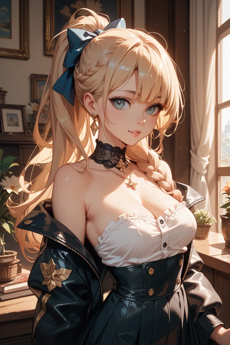 ((Long blonde hair:1.8, Curly hair on the outside, Hair above one eye:1.6)), (Glowing purple eyes)beautiful, beautiful woman, Perfect Anatomy, Perfect body, Perfect , ((Angel with spread wings:1.8, White clothes, corset, choker:1.6)), forest:1.6, Captivating Gaze, smile, realism, masterpiece, Rough skin , Very detailed, High detail, high quality, 最high quality, 1080P, 16K、(Brush your hair up:1.6)