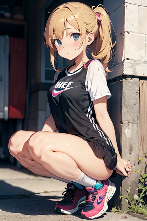 (Masterpis、4k.8k)、Woman wearing sports leggings、Open legs、Golden hair、Clean face、cute expression、Breast size:1.1,The size of the buttocks:1.1、Wearing sports leggings、Ｔwearing a shirts,(Full body shot)