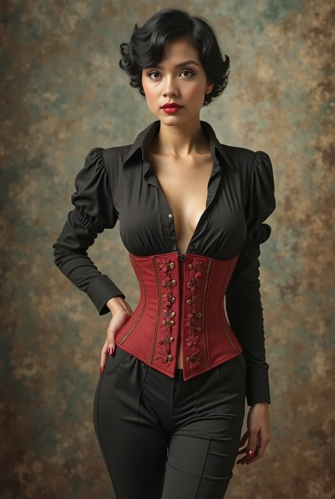 (master piece :1.2), Milf , Retro Lingerie, bas, Corset embroidered with colors , dark and mysterious, of mesmerizing beauty, longue cape bottes de cuir, bas vintage , fluide, Embroidered patterns, cuir ancien, Vintage 40's Worn Lingerie