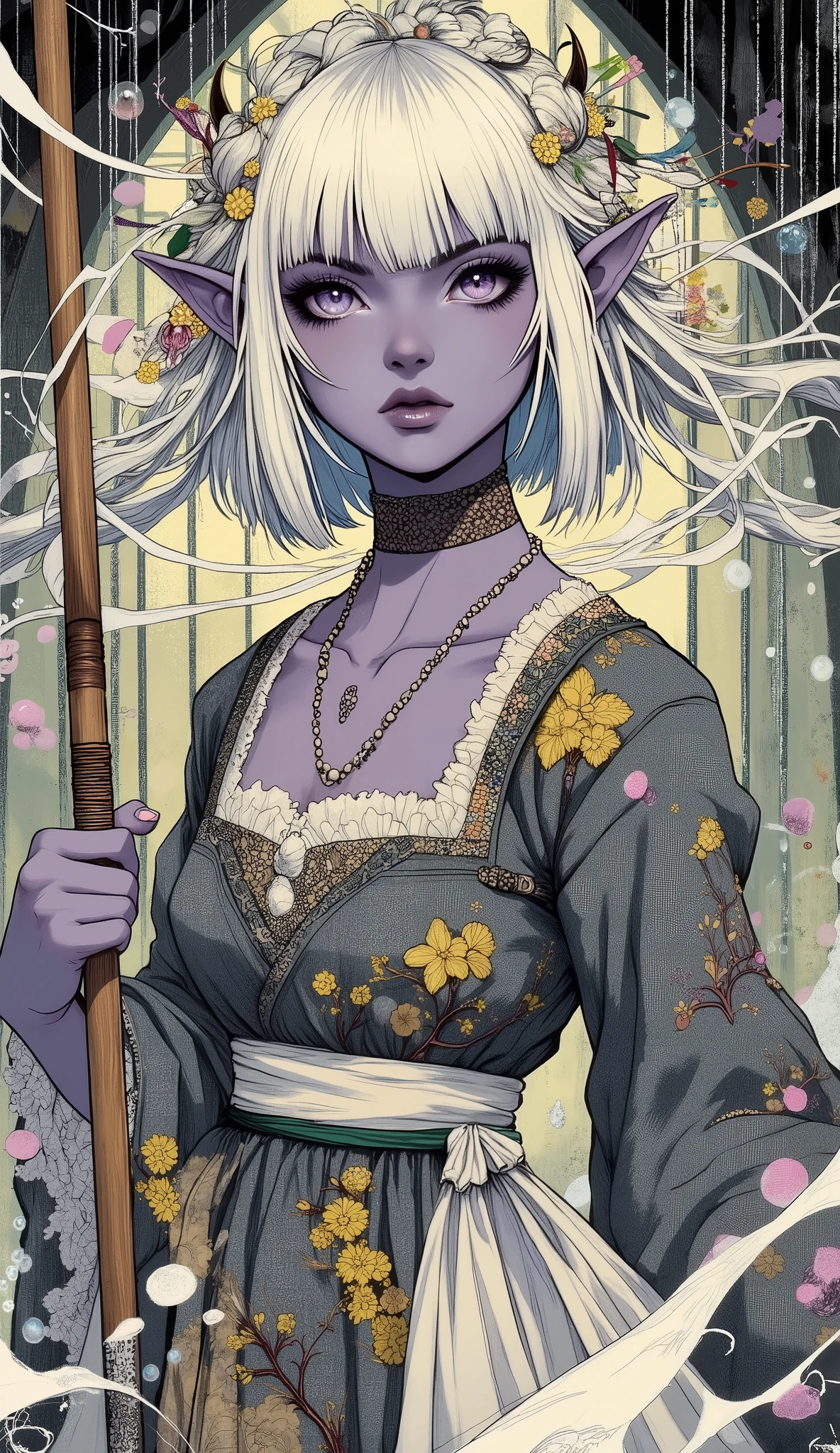 (A fusion of Ukiyo-e and dark fantasy. Aesthetic and gothic digital art. The illustration is drawn from a viewpoint looking up at a woman from a low position.) BREAK 
(White hair. Blunt bangs. White eyebrows. Long white eyelashes. Almond-shaped eyes. Lavender eyes. Dark, thick eyeliner. Small pink lips. Slightly pointy ears. Dark purple skin. Thin limbs. Thin fingers. White fingernails. One thumb and four fingers accurately drawn.) BREAK 
(Set in medieval Asia, this is the story of a courtesan living in a beautiful old castle with lush forests and beautiful wooden architecture. Crisp sunlight is shooting through a break in the rain clouds and drizzling rain mixed with the wind. A female dark elf wizard courtesan, loudly warning the people around her, turns her back, twists her body in a daring pose, spreads her arms wide, and fills the great hall with soap bubbles and washing bubbles. Rainbow-colored soap bubbles burst forth. A woman wears a dark green beaded choker, a gray linen smock dress with a relief of yellow mimosa flowers, and a large piece of thin, sheer, shiny silk from Indonesia elegantly wrapped around her waist. She carries a large two-handed mop. She weaves scraps of beautiful colors into her hair.)