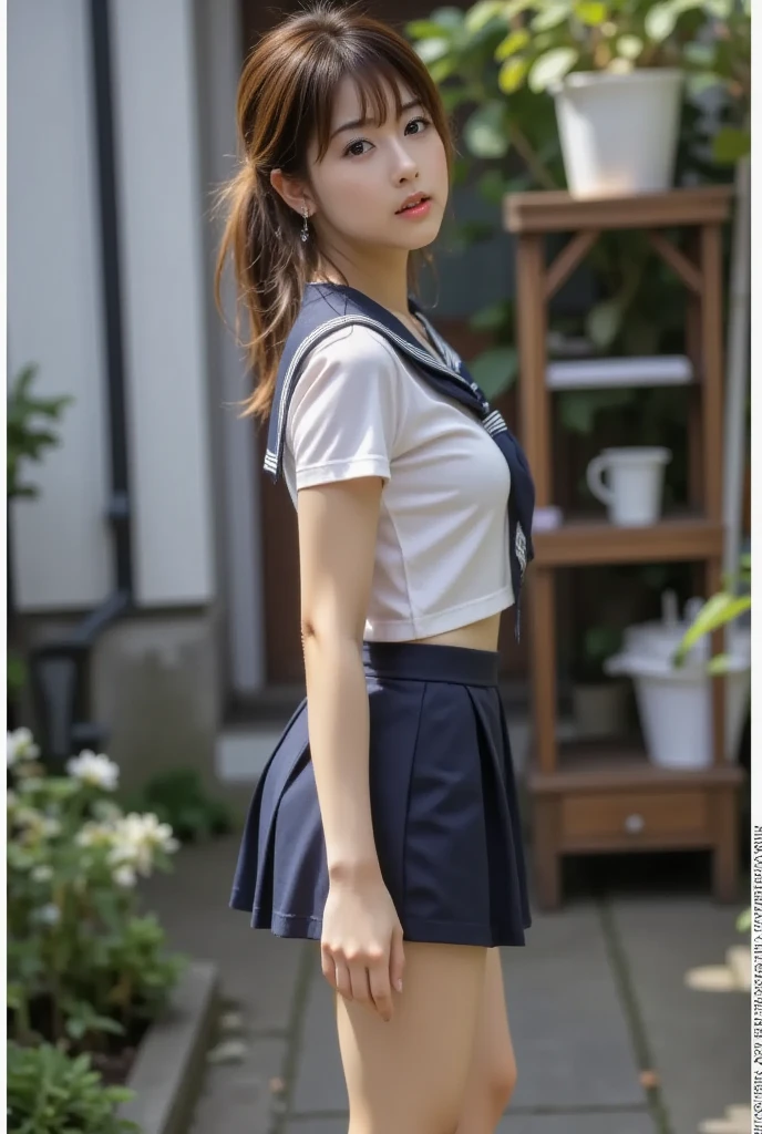 top-quality、4K picture quality、realistic touch,、Photorealistic style、high-detail、photoRealstic、big eye、lean and slender body、huge tit、wearing clothes that are too small、Strong eyelashes、A sexy、full body Esbian、Flushed cheeks、Kamimei、thin-waist、Voluptuous thighs、Enraptured look、Country road side、high school student in sailor suit、sleeveless、Tall、Her skirt is too short and her butt is visible.、long slender legs、Thin long eyebrows、Sensational attire、 I can see your breasts from the side、clothes with wide open sides、sexy  pose、see-through short skirt、big butts、Light hair、random hairstyle、huge smile、Reflection from head to foot