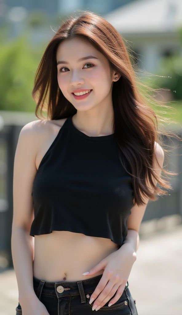 A girl of about 22 years old,simplicity,Extremely beautiful and delicate,(light make-up),Black color hair,A sweet smile,Delicate and beautiful fair skin,Realistic and realistic,exquisite and complete facial features,Detailed depiction of the face,tall nose bridge,Red lips,Beautiful, gentle and beautiful girl,Smooth hair,extremely detail hair,Feminine temperament,Fill your face light,hyper realisitc,photorealestic,8K quality,extremy detailed,Realistic details,Works of masters,Realistic to the extreme,big breasts body,Beautiful,Pure desire,Stunning beauty,Peerless beauty,Highest image quality,8K分辨率,goddes,ssmile,Fine facial features,Hair over the shoulder,A brown-haired,Large long thick legs,(((High-waisted French top))),(((short skirt))),rays of sunshine,facing at camera,The body is well-proportioned and firm,Gentle eyes,Exposing thighs,stand posture,Stand inside the mall,Full body photo