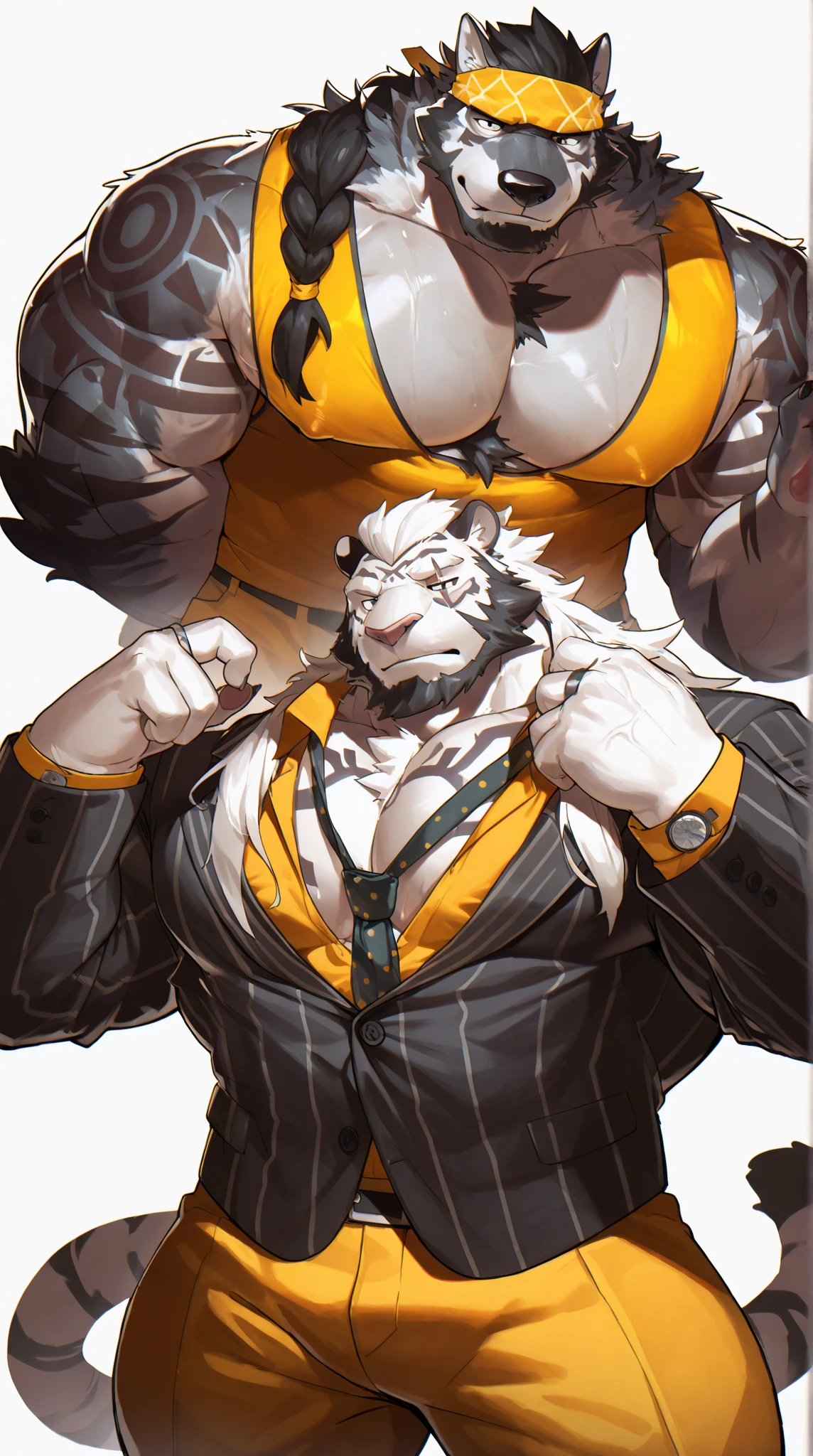 high quality,Fat adult man, Fat,Attaching rabbit ears,4K,Skinhead,Tiger, Furry, Body hair, Beard,Sleeveless vest with buttons,All three buttons are closed,Red bow tie, Bottomless, Shiny black leather short swimsuit,shiny white gloves, Shiny black leather boots,View your viewers,Grin,A pink background with bunny ears on the head.,Draw the rabbit from his ears to the bottom of his boots,full body,Black leather short swimsuit,