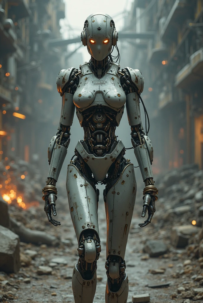 best quality, intricate details, (hyper-realistic digital illustration),(masterpiece:1.1),
blood, destroyed scenery, debris, rubble, fire in background, smoke, severed limbs, scary atmosphere, <lora:robotGirlLora_v10:0.8> humanoid robot, robot, robot joints, joints, helmet, armor, robot girl,