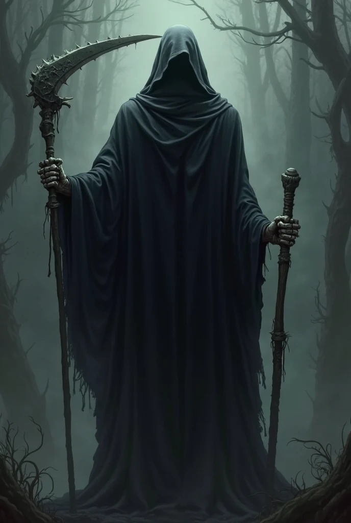 Death with a staff of bones wrapped in dark energy, long black cape and hood, mighty 