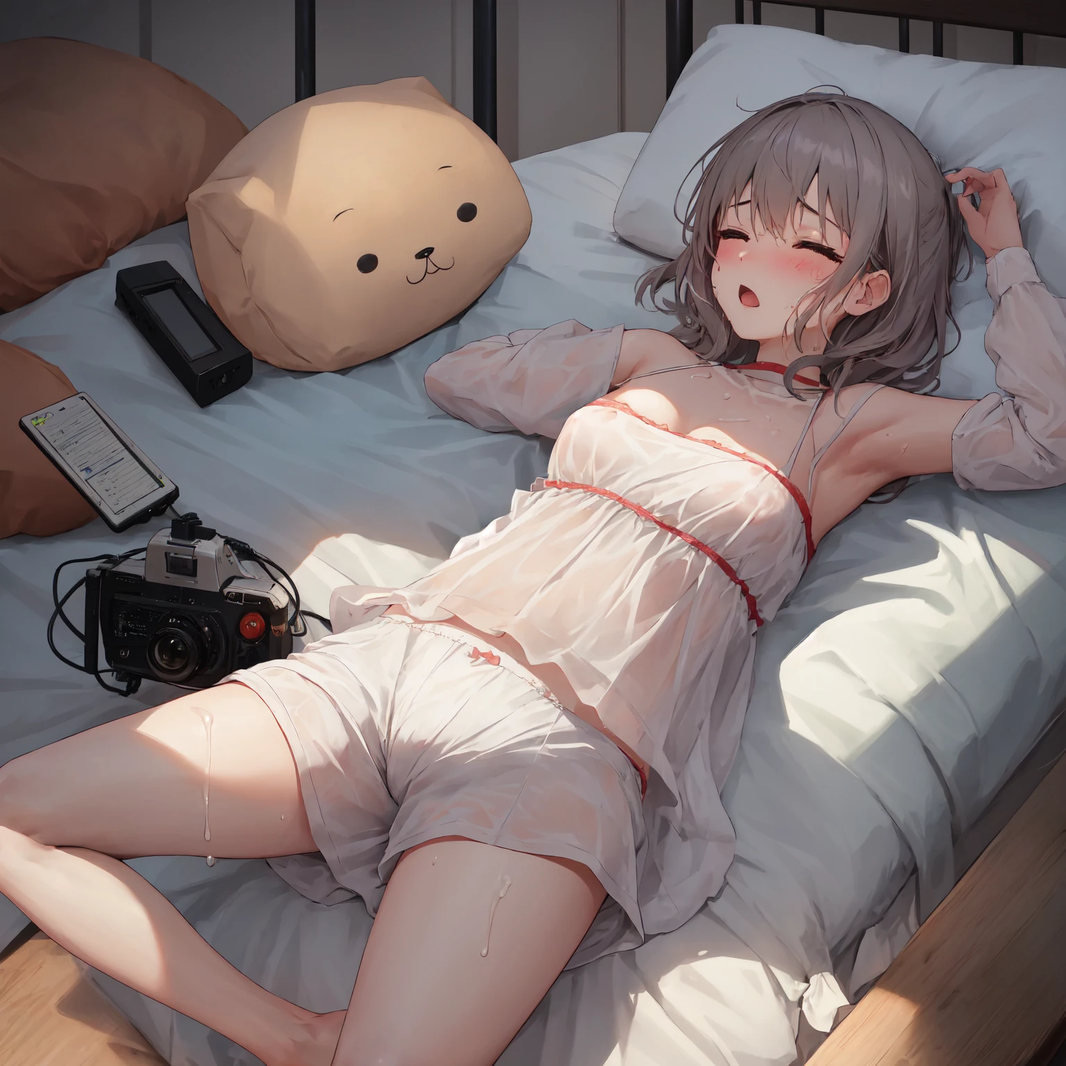 masutepiece, Best Quality, Extremely detailed,top-quality、Full limbs、complete fingers、Slender beauty、solo,knee high、Small eyes、a junior high school student, Sleeping, (Sweating:1.3), Bedrooms、wearing off-shoulder sweater、Lying down, Wet hair,(flat chest, small tits),vibrator,(The vibrator is inside her:1.2),(love liquid is dripping from her crotch:1.2), Coercion of sexual sensations, blush, Heavy breathing, (Steam breath:1.2), Spread legs,widening the uterus,Trembling girl,(masturbation:1.5),Ecstasy, (orgasm:1.3),(Breasts out:1.3),bottomless,Tears at the corners of the eyes,clit, vagina, 8K, 超A high resolution, Official art, Illustration,