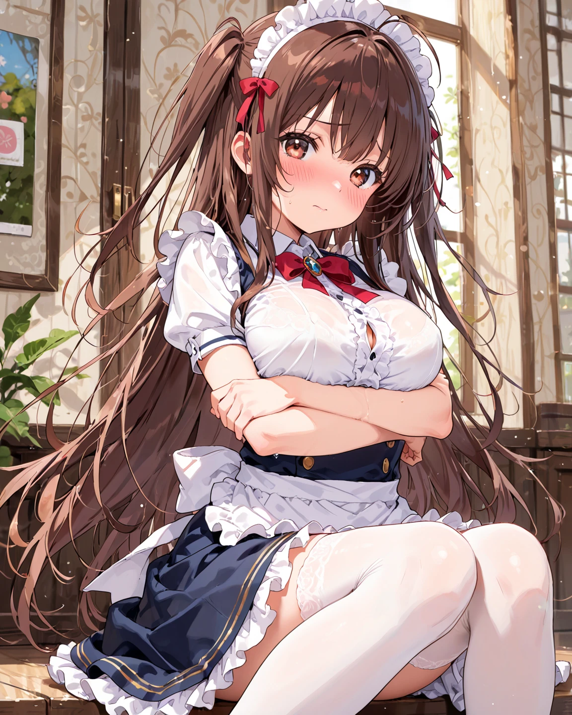 highest quality,masterpiece,8k,1girl, blush, sweat, mini skirt, lift skirt, upskirt, stripe panties, hair ribbon, twin tails, pleated skirt, thigh highs sox, loafers, camel toe, open legs, 