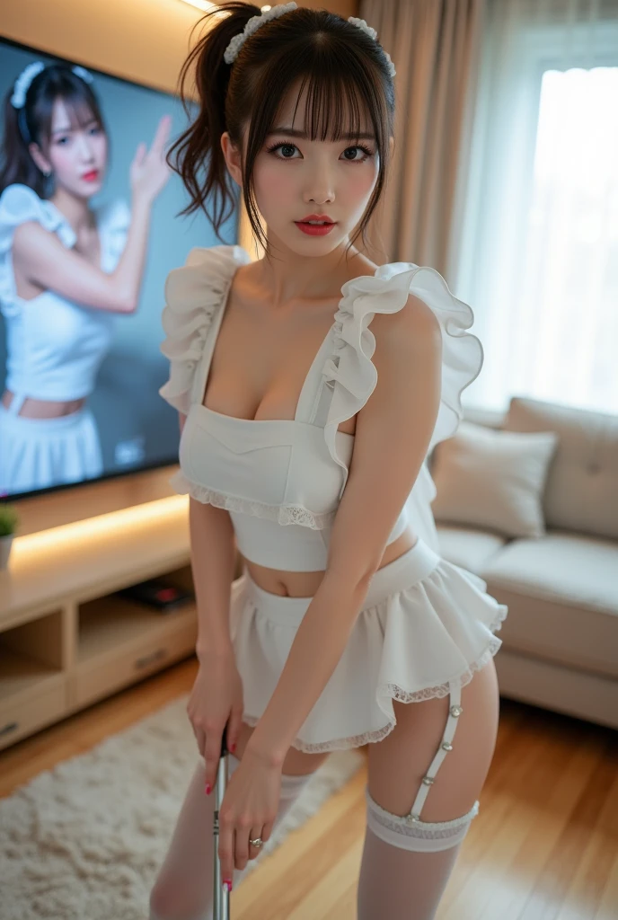 (One Beautiful Girl), Super beautiful detailed face, (Slightly open mouth, Sexy look:1.1), (Beautiful upholstery:1.3), (Slender body:1.2), ((Naked and wearing a small lace apron:1.5), (bared chest:1.1), side breasts, pubick hair,, (Fine face:1.2), Accessories, conceptual art, High quality, Realistic, extremely detailed CG unified 8k wallpaper, ighly detailed, High-definition raw color photos, professional photograpy, Realistic portrait, Cinematic Light, high details, (((Transparent lace panties))), depth of fields, illumination, Super stylish lighting, Face lighting, Pink Luxury Kitchen,A gentle smile full of happiness、Expression in a state of excitement、Lacking、panting、dark brown short hair、eye glass、(((Dynamism:1.5)))
