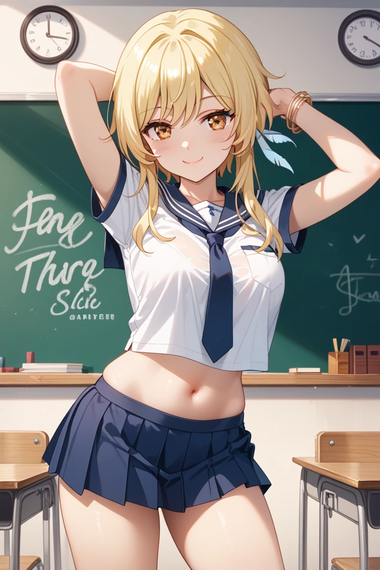 amicia michella - nijisanji, anime style, 1boyl, brown short hair, yellow inner hair, wavy hair, green eyes, detailed eyes, midriff, girly face, seductive, thin lips, painted lips, shy smile face, wide hips, thick thighs, huge round ass, full flat chest, bulge, white shirt, black medium skirt, thigh high, garter, full body, dynamic pose, office, nsfw