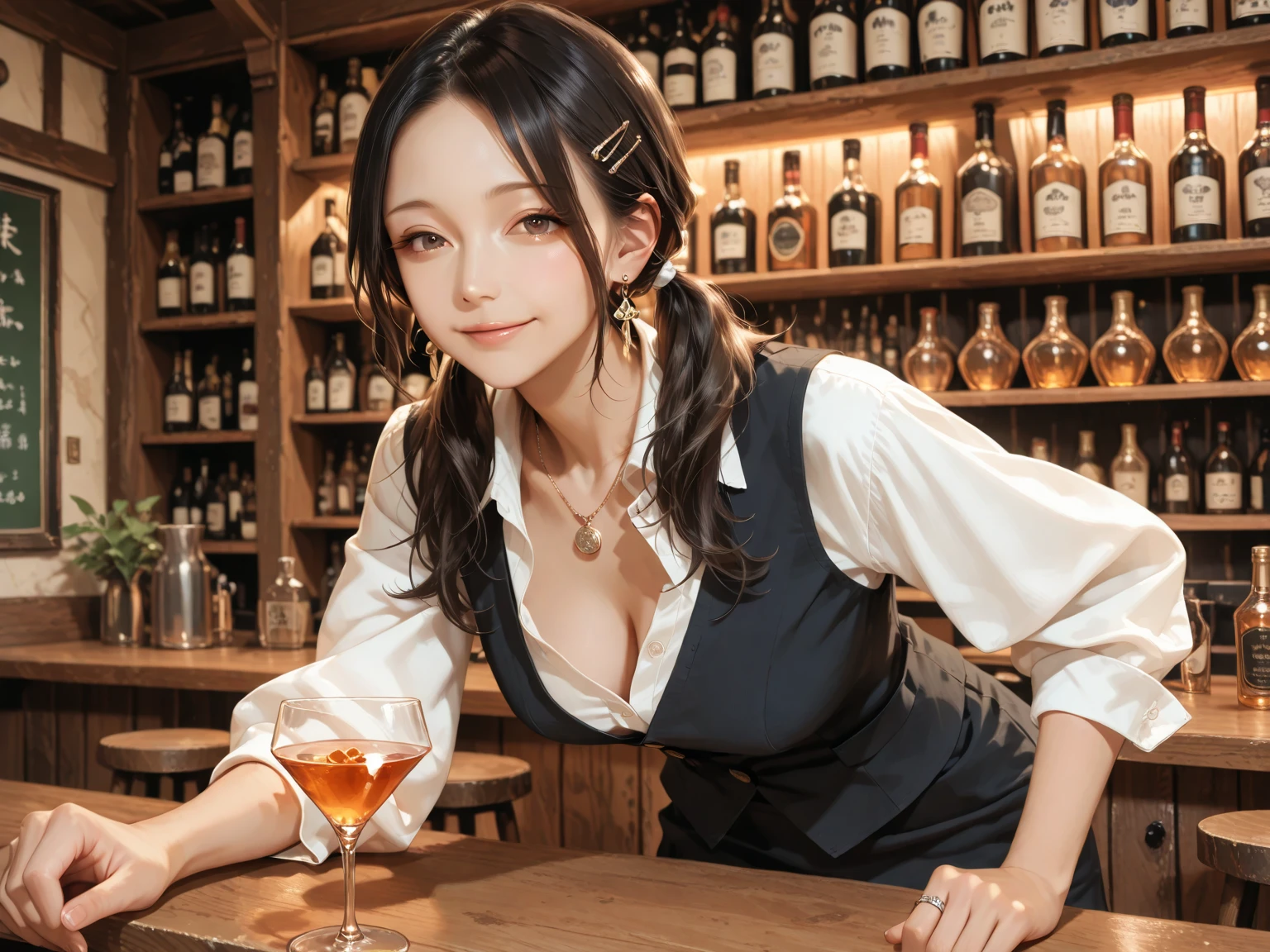 (fantasy:1.5),(anime,8k,masterpiece, top quality, best quality,beautiful and aesthetic:1.2,professional illustrasion:1.1,ultra detail:1.3,perfect lighting),extremely detailed,highest detailed,incredibly absurdres , highres, ultra detailed,intricate:1.6,(Alchemy Workshop:1.4),A girl mixing,Medicine in many small bottles,holding small potion,colorful:1.4,zentangle,(1girl),(girl),(Three kingdoms female warload),(highly detailed beautiful face and eyes,firm breasts),oily skin,((black,hair,short bob with short pony tail hair)),thin pubic hair,cute,lovely,34 years old,alchemist costume,Merchant's Clothing,smile,in the kitchen,smile,seductive weak smiling,(with sparkling eyes and a contagious smile),open mouth, Looking at Viewer,