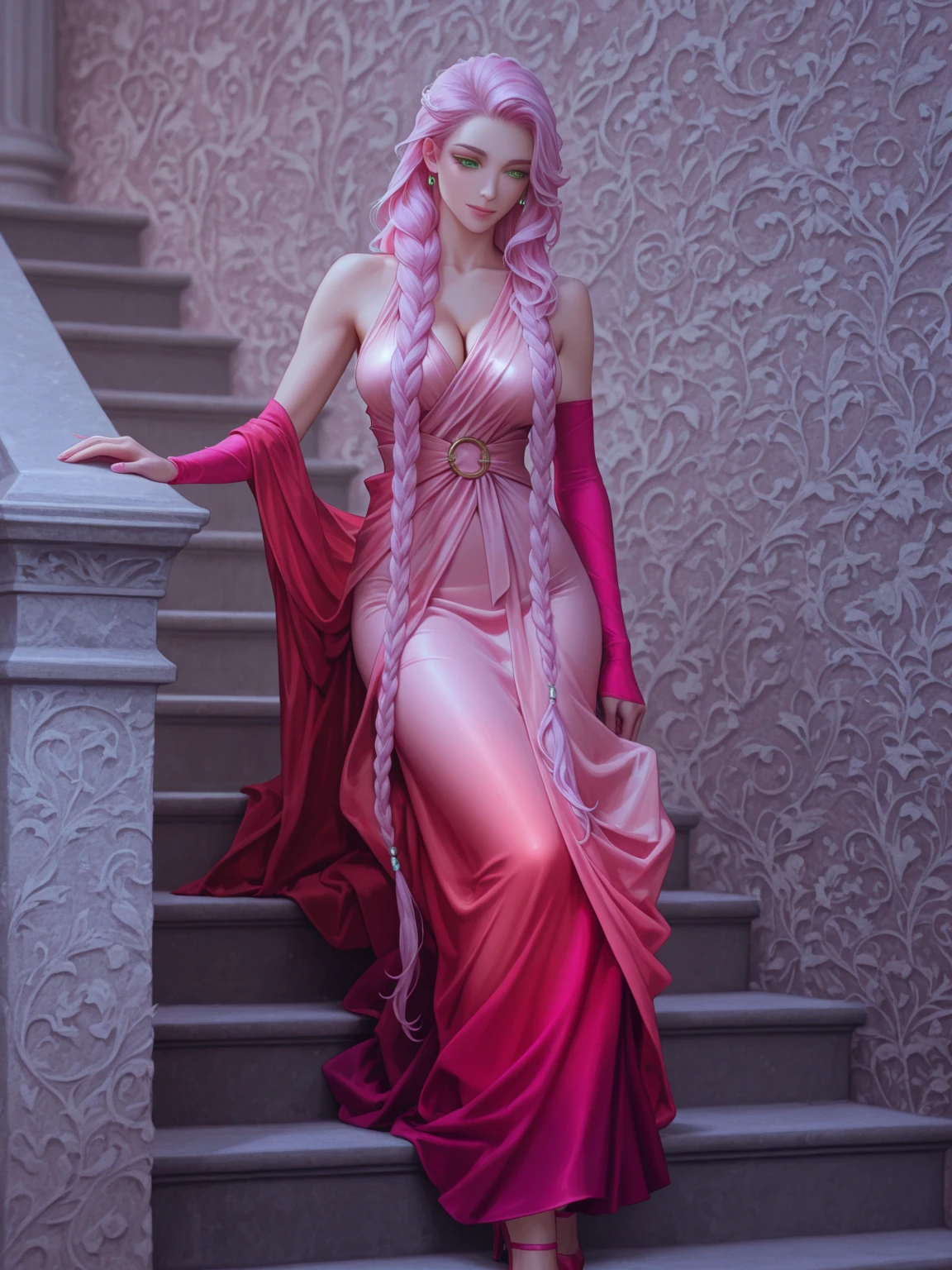 Masterpiece, Best quality at best, 1girl, Sakura Haruno, Medium breasts, elegant evening gown, (front view closeup), Confident smile, looking back, with long pink hair up, (green eyes:1.3), Forehead protection, (Walking down grand staircase), bare legs, film movie still, 1 girl in, high society beauty, (A detailed face), (Detailed skin), intricate details, Shallow depth of field, [volume fog], soft lighting, Reflectors, a Canon EOS R5, 50mm lens, f/2.8, NffSW, shot at 8k resolution, (high quality, best rendering), Ultra detailed, 1girl, 25 years, Medium breasts, Blush, front view, glamorous angle, Masterpiece, couture gown, long pink hair, (toned body:1.2), (descending staircase:1.2), (glancing over shoulder), (elegant event)