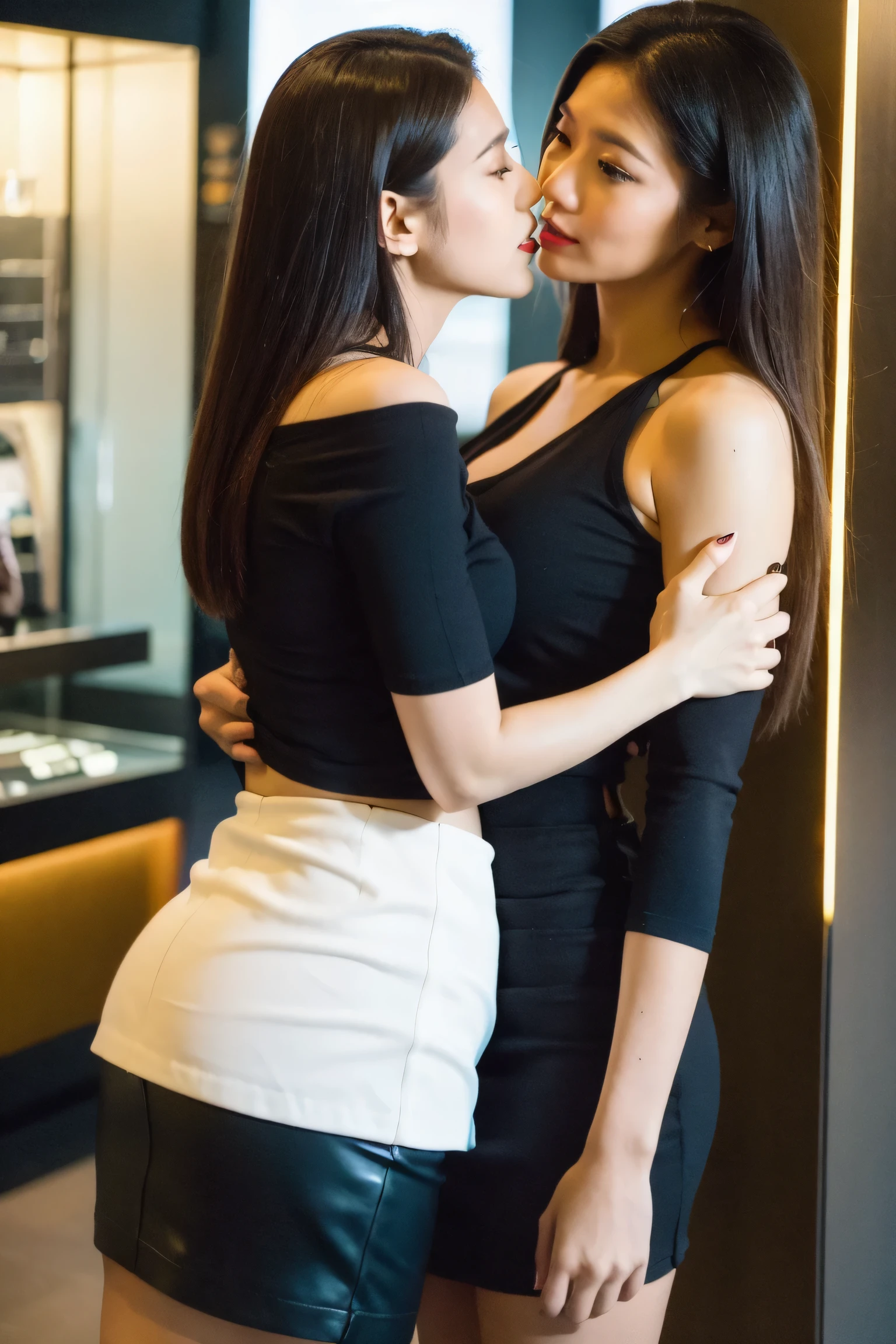Dark brown hair、Light brown eyes、Japanese actress face、 Lady、I'Iは彼とIが好きです'I'Iは40歳くらいです.、(Intricate details:1.2)、(Which is the top???:1.4)、 (Ultra-high resolution:1.2)、Ultra-high resolution、(Finely tuned)、(Detailed facial features)、Hmph、8k resolution、D cup size breasts、Long Hair、night setting、Large windows、Extravagant space、relax、、,全身photograph、Head to toe shot、Beautiful feet、Cosplay、Street fashion、black pink・Jenny I took this photo with the image of、black pink look like Jenny、black pink Angle like Jenny'photograph、black pink Jenny'stop temporarily、black pink stop temporarily like Jenny、black one piece、Street fashion、Beautiful feet、she, Fashion Hub, Extremely detailed, Very detailed, Realistic, Hourglass Shaped Body, obscene stop temporarily,please lift your chin..、Open your mouth a little、black pink Jenny''s Instagram、With the sparkling night view as a backdrop、Lit from behind、with friends、Two women standing side by side、Heeled Sandals、