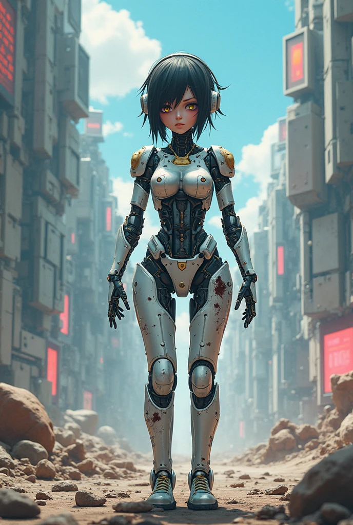((Full body):2), (({1/woman – cyborg}):1.5). Only {1/woman, cyborg}:((she has a semi human half machine half human body, is wearing a futuristic black suit extremely tight on her body):1.3). Only {1/woman, cyborg}:((has extremely large breasts):1.3). Only {1/woman – cyborg}:((has very short blue hair, dark green eyes):1.3). Only {1/woman – cyborg}:((stunning sensual poses holding a futuristic sniper rifle standing):1.3). In a futuristic city, it's raining a lot at night, the city is with ((several robots running):1.5) behind Only {1/cyborg woman}. anime, anime style, 16k, high resolution, ((best quality, high detail: 1.5)), UHD, ((masterpiece)), cartoon, real, Fantexi
