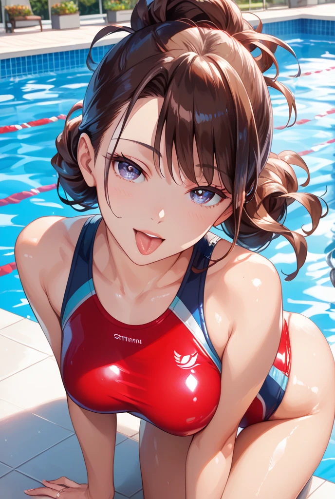 (Swimming Style), (Wet Skin, solo:2, 15 yo curly:1.3 black hair long hair cute girl, cute red eyes, cute open mouth, glossy lips, ecstasy smile, medium tits), (in a One piece swimsuit, swimCap), break, in the School swimming pool, BREAK, perfect anatomy, masterpiece, best quality, 16k, beautiful detailed grow, daydreaming expression.