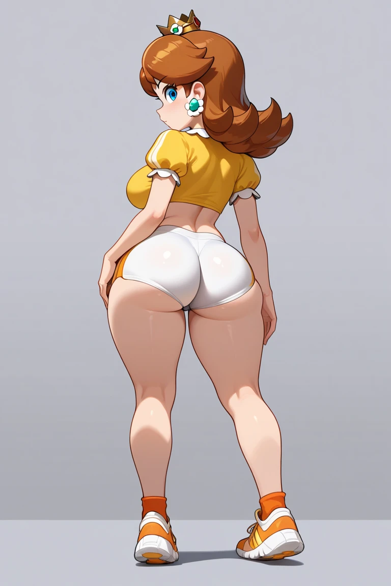 masterpiece, highest quality, High resolution, One girl, alone, sexual intercourse, Pornographic images, short hair, etsukoto, Brown eyes, fine grain, fine grain, (((Thick thighs, Plump thighs, Voluptuous thighs, Thighs alone are enough))), Huge and ample breasts, Cleavage, Huge long breasts, Naughty big,((Big breasts are important))、((Naughty thighs)), L Cup, (thin:1.4),(Tight waist:1.4),  (yellow dress:1.4), ((white waist apron, white panty), Embarrassed look, blush, (((Simple Background))), ((Wide Hips)), Shiny, Oily skin, Mature mother, Calf, Seductive mature woman, Perfect body, Plus Size Model, curvy, ample, etsukoto, blush, clavicle, retro artstyle, 1990s (style), (thick thighs:1.4), (((bursting breast))), ((((bare ass)))), ((panty pull, panty drop)), from behind, back view, (from side:0.8), nsfw,