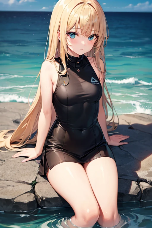 ((Best Quality)), (ultra-detailliert), ((Extremely detailed)), (Beautiful), ((Kawaii Girl)), ((nffsw)), (masutepiece), (High quality), (Best Quality), (4K), (High quality), 1, Solo Girl, 1girl in, ((platinum-blonde-hair)), Parted bangs, ((Hair intake)), Long hair, (Her hair is long and up on both sides..), ((Jade-colored eyes)), slanted eye, Large breasts, Slender body, latex black competition swimsuit, Pool Background, (Blue sky:1.3), Solar, Sunlight, Anime, ;D