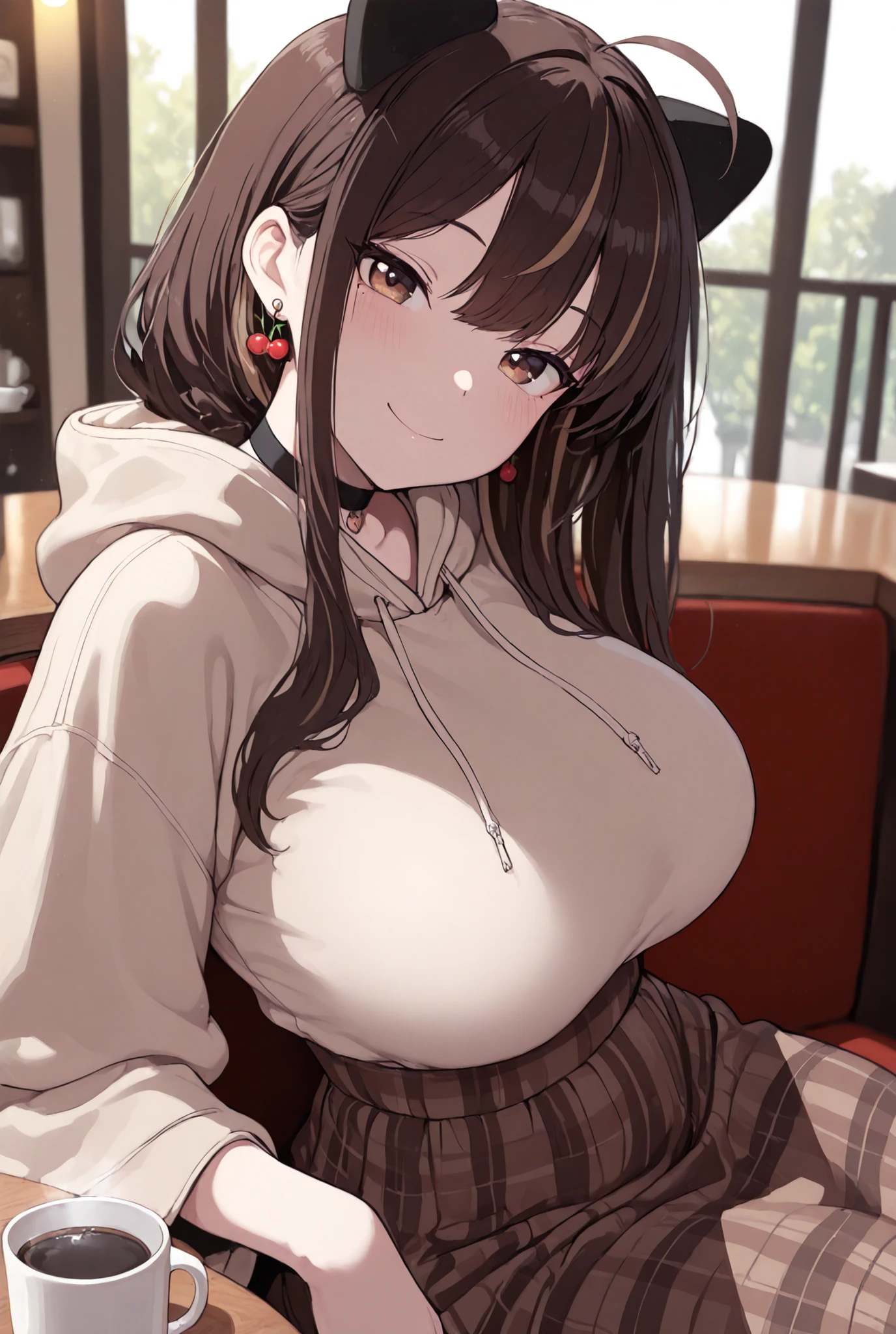 masterpiece, yor, 1girl, Bust A Cup, Amazing Cleavage:1.0, thin waist, big ass, Raised sexy, medium breast: 1.8 posed cleavage:1.2、solo, looking at viewer, open mouth, black hair, red eyes, dress, bare shoulders, jewelry, collarbone, sidelocks, hairband, earrings, indoors, off shoulder, :o, sweater, arms behind back, plant, short hair with long locks, white hairband, off-shoulder dress, sweater dress, off-shoulder sweater, red sweater, big side hair, very long side hair,is rendered in (masterpiece: 1.2, best quality), with (ultra high resolution) and an exquisite (depth of field). This masterpiece is not only visually stunning but also tells