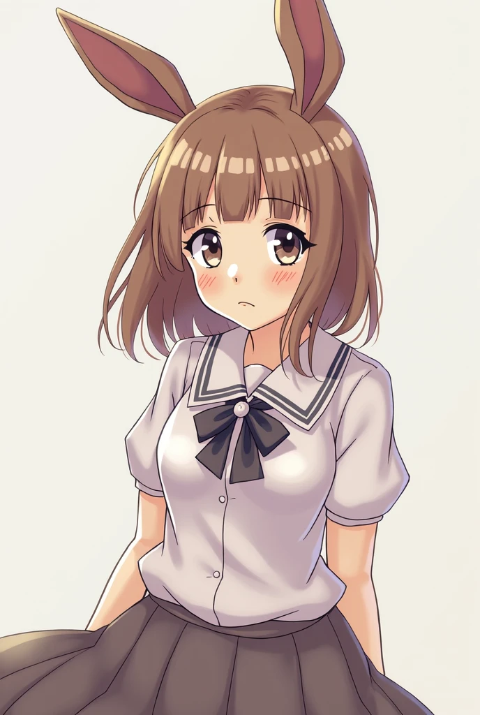brown short hair, brown eyes, human girl, wear school uniform, panic face, skin become furry, dog ears, light brown skin, lightly crying