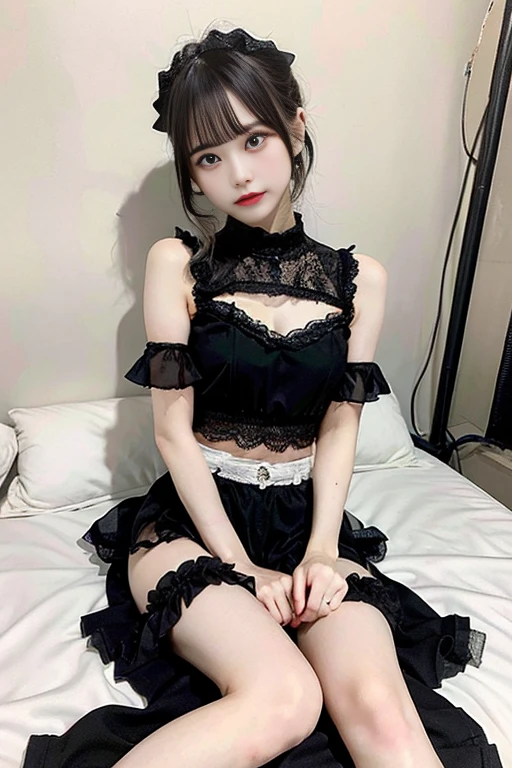 masterpiece,highest quality,1 Girl,delicwed face, Front hair, just_arm, just_shoulder, green_eye, (Very thw waist:1.48)、(A very narrow waist:1.48)、(Open your legs to show off your genitals:1.48)、clavicle, cowboy_shot, crop_upper, length_hair, lookwg for_w_peepwg w the viewer, belly button, Realistic, 一人w, Are standwg, underwear,Gothic lolita girl,