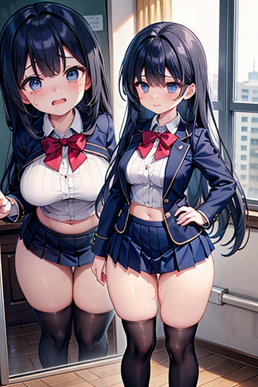 highest quality,wonderful,finely,extremely detailed CG Unity 8K wallpaper, (1 Girl,Black Hair, Blue Eyes,double bun), (huge breasts:1.3), (school uniform:1.4),(Black Band Top:1.3),(Light blue striped panties:1.5), Bare shoulders, clavicle, (Underboob:1.3), Cleavage ,(open mouth:1.2), (long tongue:1.2), (mouth drool:1.2), (black stockings:1.1),(Thighs),(Waistline)