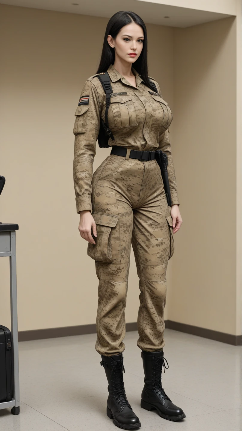 "(best quality, highres, realistic:1.37), woman in army military outfit, beautiful detailed appearance, serious expression, wearing a military uniform with tactical pants and a military shirt, tactical pants with warrant officer chevrons on the shoulders, wearing a military beret, curvy figure with larger breasts and wider hips, inside an army barracks room"(just one woman only)
