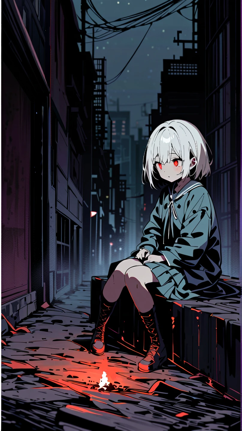 Animation style,schoolboy,Lovely,Silver hair,Red pupils,Hooded jacket,raining day,barefooted --auto