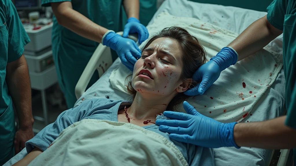 Bloody face and glove. Realistic, cinematic, black background, extreme A close-up photo depicting a hand in white latex glove covering a woman's mouth to shut it up. The woman is crying weakly, scared. The woman is facing slightly to the left. Her black hair is messy. Bloods mark on the glove and the woman's face. Slashed wounds on her forehead. The photo uses a minimalist color palette, with muted tones for the hand and the face, contrasting sharply with the dark background.