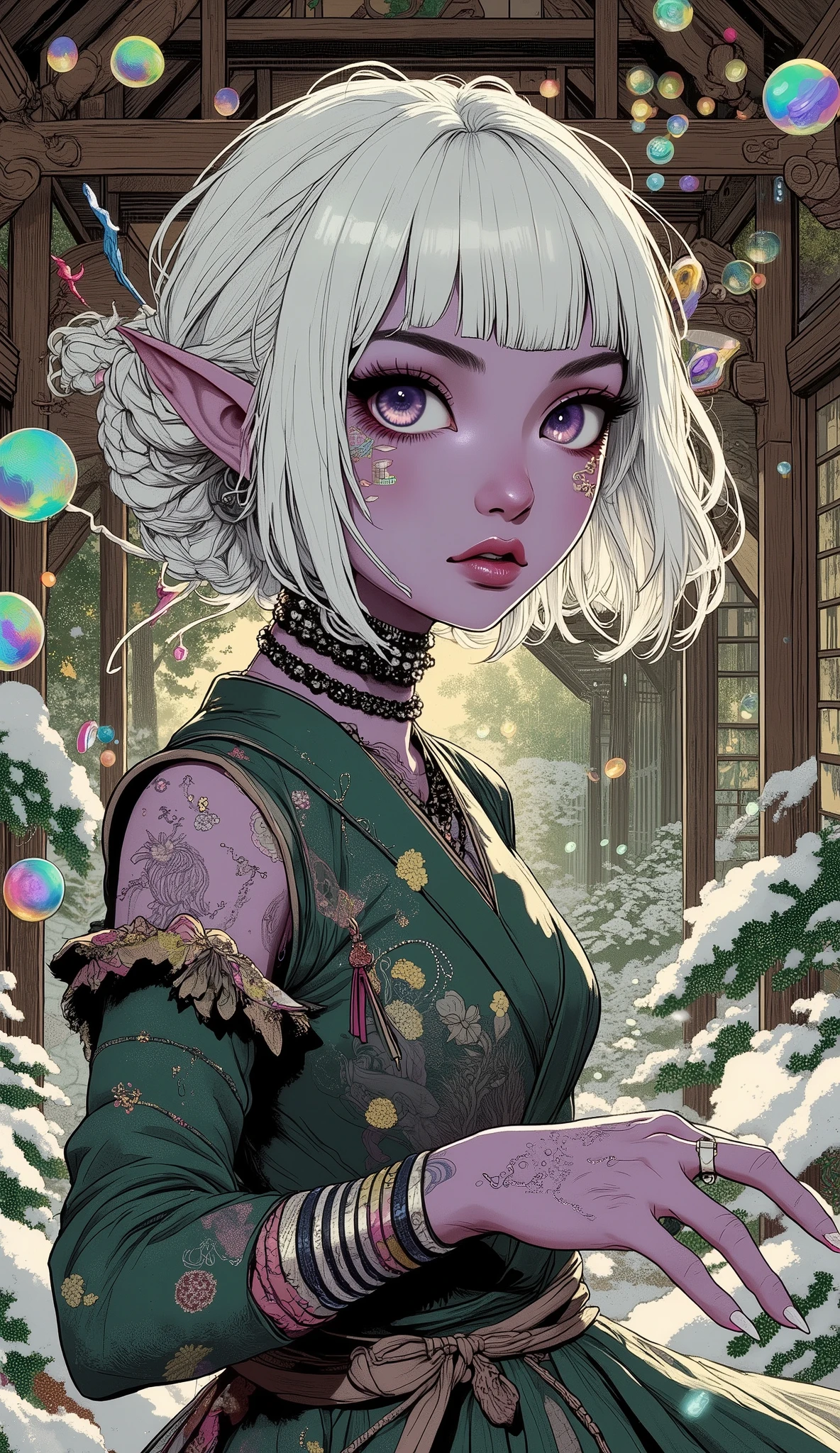 (A fusion of Ukiyo-e and dark fantasy. Aesthetic and gothic digital art. The illustration is drawn from a viewpoint looking up at a woman from a low position.) BREAK
(White hair. Blunt bangs. White eyebrows. Long white eyelashes. Almond-shaped eyes. Lavender eyes. Dark, thick eyeliner. Small pink lips. Slightly pointy ears. Dark purple skin. Thin limbs. Thin fingers. White fingernails. One thumb and four fingers accurately drawn.) BREAK
(Set in medieval Asia, this is the story of a courtesan living in a beautiful old castle with lush forests and beautiful wooden architecture. Fresh sunshine is shooting through a break in the rain clouds and drizzling rain mixed with the wind. The courtesan, a female dark elf wizard, is running around energetically with her back to the people around her, warning them loudly, twisting her body in a daring pose and spreading her arms wide, filling the great hall with soap bubbles and washing bubbles. Rainbow-colored soap bubbles burst forth. A woman wears a dark green beaded choker, a gray linen smock dress with a relief of yellow mimosa flowers, and a large piece of thin, sheer, shiny silk from Indonesia elegantly wrapped around her waist. She carries a large two-handed mop. Scraps of beautifully colored fabric are braided into her hair.)