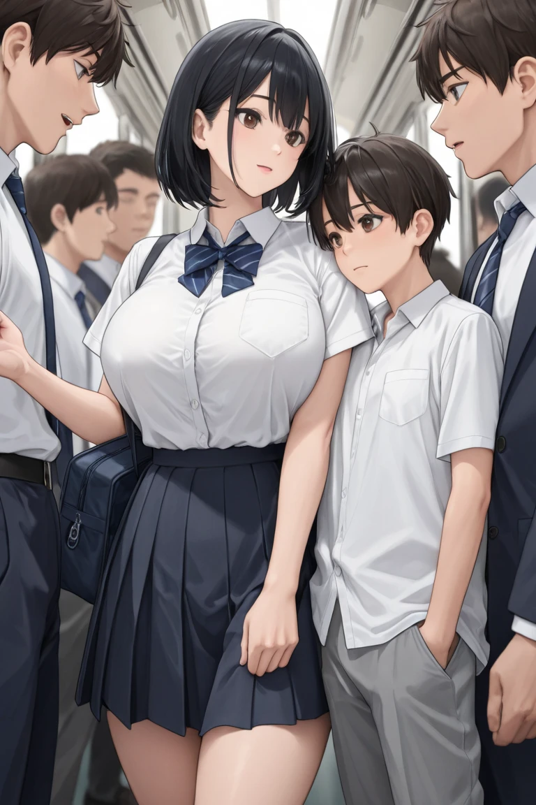 (((masterpiece, Highest quality, High resolution, 超High resolution, Perfect Pixel, Depth of written boundary, 4K, RTTX 10.0))), Beautiful Anime Woman, Beautiful art style, Anime characters, ((Smooth texture, Realistic texture, Anime CG Style)), Exact finger count、Exact number of legs、(Exact number of arms:1.0, Exact number of hands:1.0), (Perfect hands, Perfect Anatomy.1.5), Cinematic, Realistic, Extremely detailed CG, Daytime lighting, Perfect lighting, Best Shadow, The best natural light, whole body, Perfectly balanced style, A perfectly balanced body, Slender body, whole body, ((bangs, Dark brown hair, Stylish and cute bob cut)), (Sailor suitを着た大人の女性が立ったまま後ろの男性に服の上から胸を揉まれいる:1.3), (povbreastgrab,pov hands,breast grab:1.4)、Exact number of hands,  (Fashionable white shirt, Sailor collar, Sailor suit, Navy pleated mini skirt:1.3), (Embarrassed expression:1.2), blush, (sexual pleasure expression:1.4), (Holding in pee:1.2)、Patience is the limit、On the brink of climax, (On a crowded train, Lots of people in the background:1.3)
