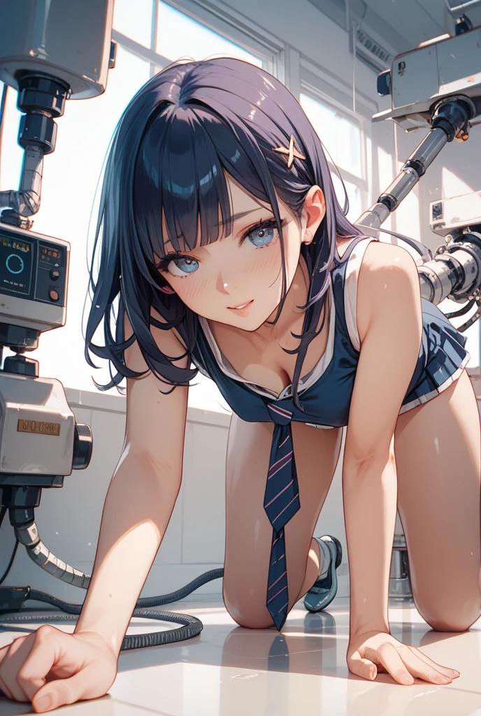 (short cute girl,small young student,young delicate girl),(masterpiece,Top quality),Crop Top Look,cheerleader,shorts,long black hair twin tails
