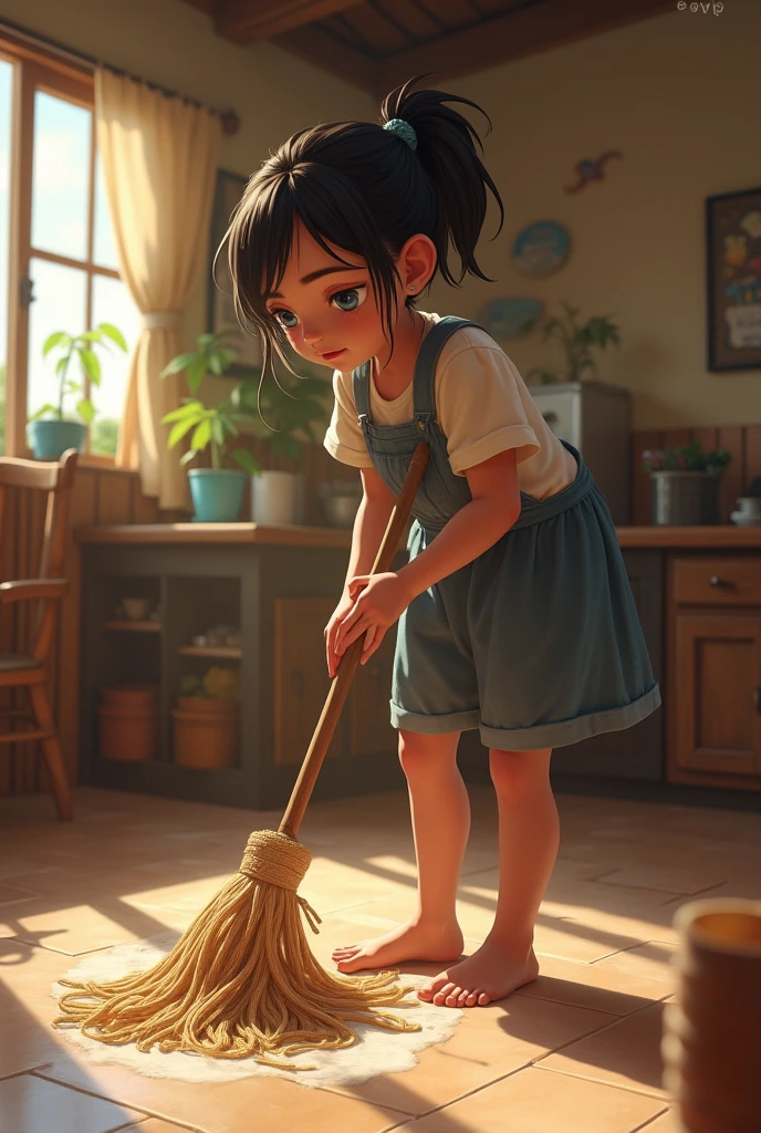 a girl sweeping the floor by her own in their house