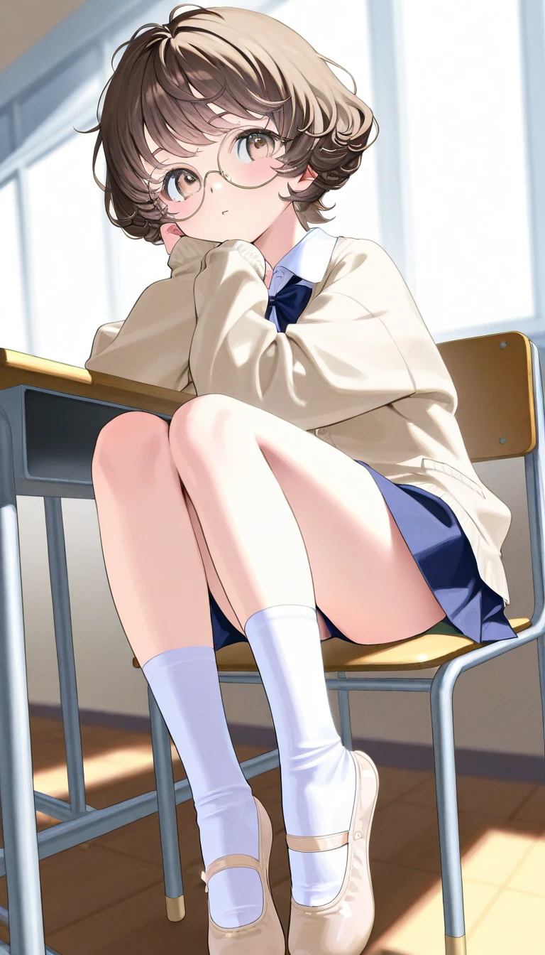 Top quality, masterpiece, High resolution, (Head to toe full body), front, frontやや下からの構図, Symmetric, Tall 18 year old girl, alone, (Head to toe), (Small breasts), Unkempt brown hair, bangs, (black tights), (Black Pantyhose), (Sit with your legs apart), (Crouching pose), (A composition showing white panties), (Her legs were spread、I see your white pants.), (I was made to sit on the floor with my legs spread..), (M-shaped legs), Thin legs, A very beautiful and tall 18 year old girl, (No shoes), blush, Shy big eyes, looking at the camera, Blazer Uniform, Checkered Pleated Skirt