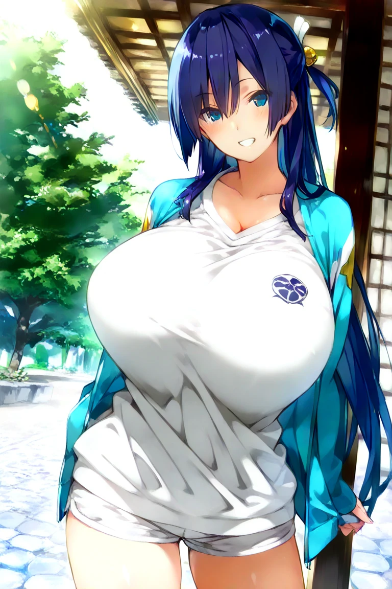 masterpiece, best quality, highres, cherry blossoms, (from above:1.3), looking ahead, upper body, 1girl, solo, astaroth, blue hair tubes, white kimono, japanese clothes, blue highleg, highleg, large breasts, black hair, long hair, straight hair, standing, smile, closed mouth, grass, water, <lora:astaroth-2:0.8>