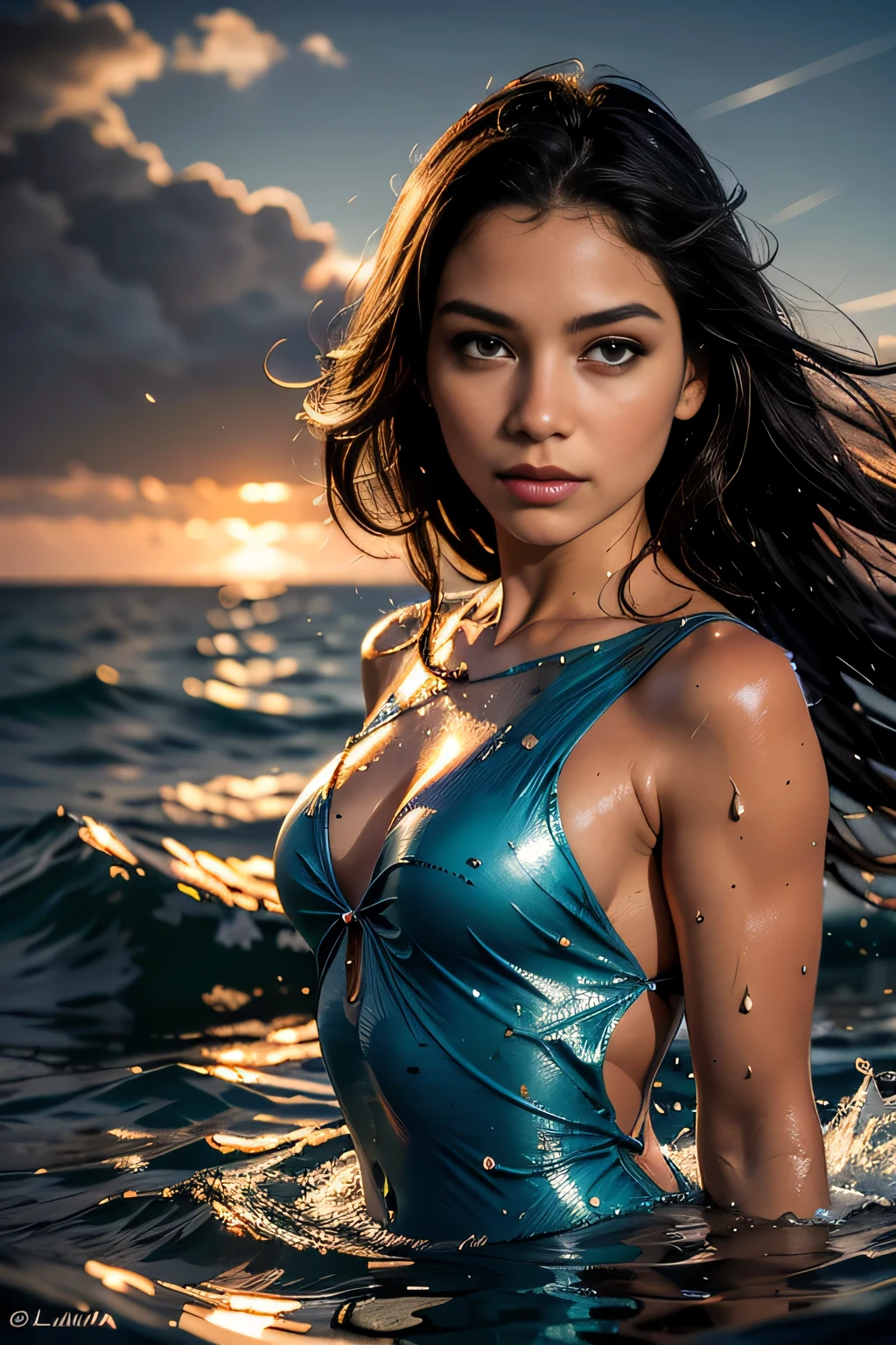 Imagine a stunning seaside scene, where the beauty of the ocean meets the sensuality of the female figure. Your task is to portray a woman in an elegant and sophisticated composition, conveying a sense of serenity and fascination.
The female figure is the focal point of the artwork. She is dressed in a light and flowing outfit, highlighting her femininity and elegance. His posture is gracefully curved, capturing the harmony between the shape of the body and the softness of the sea waves.
The predominant colors are soft, enveloping tones such as deep navy blue, emerald green, and touches of pale pink. Use subtle brush strokes to create an ethereal, bright atmosphere.
Highlight the sensuality through the delicate movement of the hair in the wind and the soft gestures of the model. Explore facial expression, conveying confidence and mystery.
Take advantage of the elements of the sea to add a magical touch to the scene. Include shells, pearls, or even a discreet mermaid as additional elements, underscoring the connection between the female figure and the beauty of the ocean. --auto