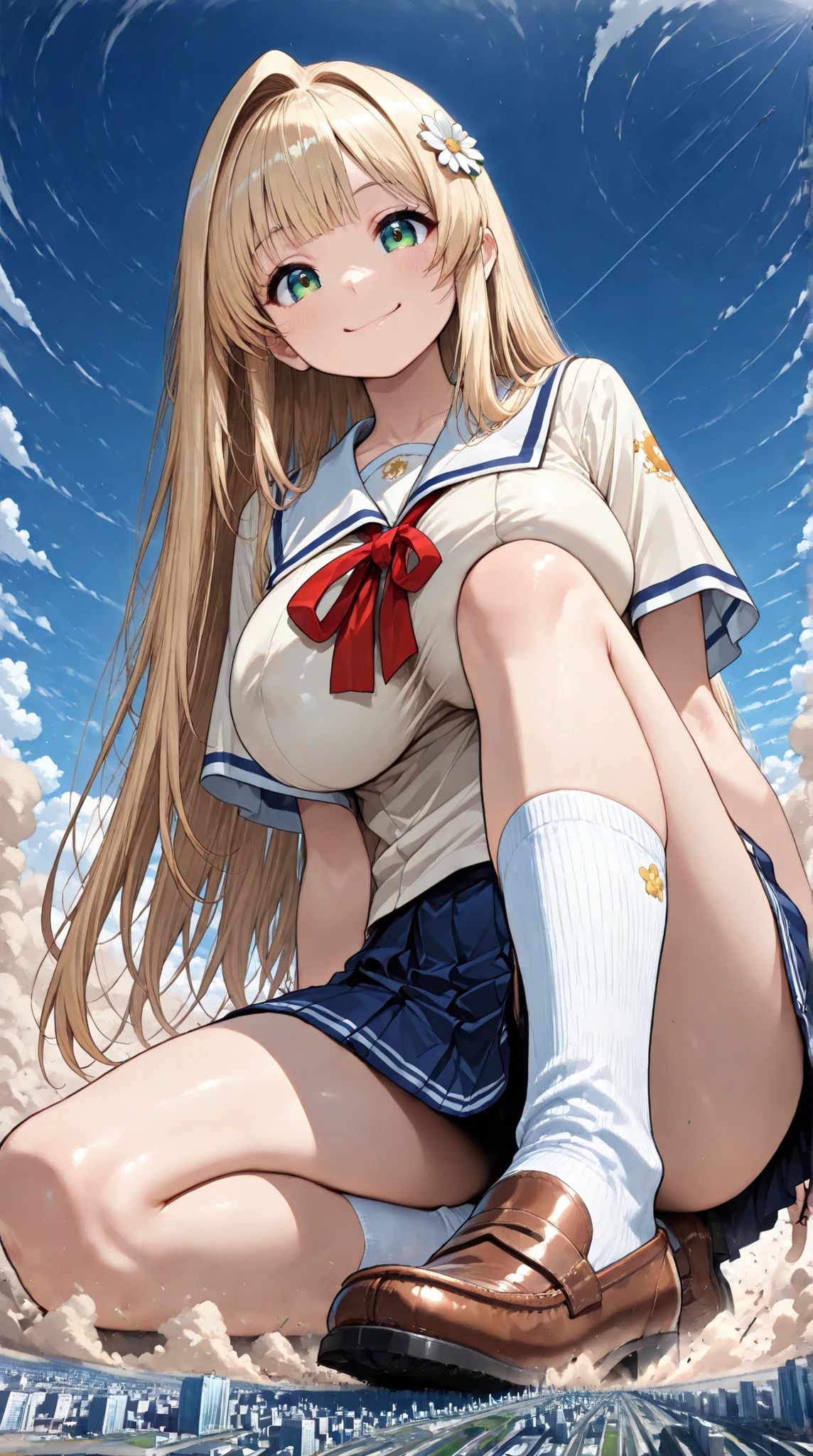 score_9_up, score_8_up, score_7_up, (super super close sitting on the ground, Foot Closest), 1girl, solo, (Japanese high school girl, very super big boobs, semi-long hair, bangs, stupid hair, hair intake , green eyes , summer schoolgirl uniform , Miniskirt, white socks, Leather shoes, small floral ornament, cute smile , Smile), (((yotta over size giantess:1.3))), ((Ultra-tiny city, collapsing city, Dust cloud)), Outdoors(from below), (Super quality Best masterpiece, Highest image quality, super high resolution, Super precise art quality), best quality, side view
((accurate 3Point perspective drawing, Very Accurate Perspective)), ((Ultra-wide field of view, closer the closer the bigger picture, wide-angle lenses)), Clear title characters
