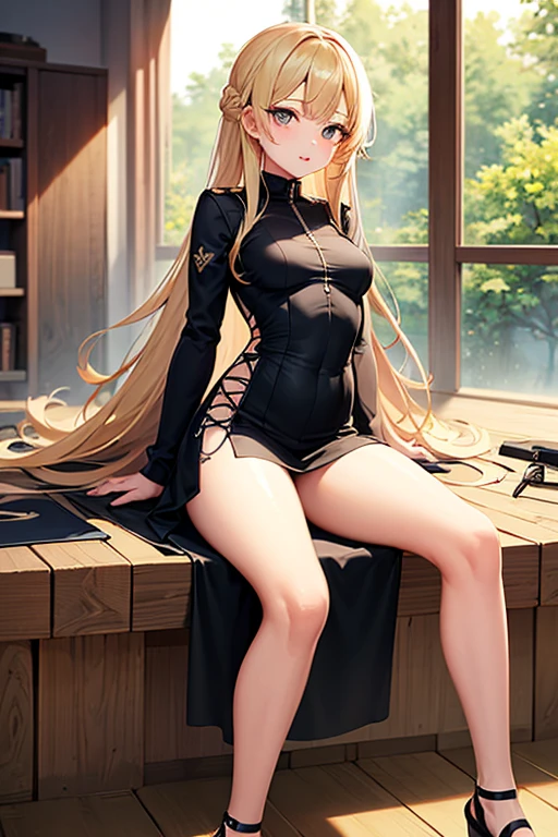 1girl, long golden hair, green eyes, floppy dog ears, slender body, black stockings,nude, sitting on the chair, holding laptop, 