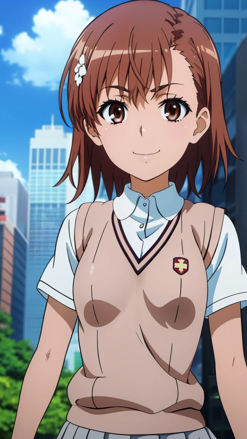 (((pixel perfect, detail perfect))), alone, 1 girl, Misaka Mikoto, tokiwadai , bow, looking at the viewer,, whole body、(Breast Exposure、Nipple exposure、medium breasts))、smile、Tokiwadai Junior High School Uniforms