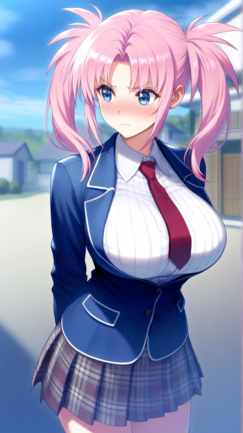 ((masterpiece、Highest quality、Super detailed)、((One person))、((Pink Hair))、((Twin tails))、((Light blue eyes))、evil smile、((lots of piercings))、((Very large breasts))、police hat、((Blue collared shirt))、Short sleeve、tie、Armband、((black micro mini pencil skirt))、Cowboy Shot、((bent over))、((night))、Alley Background