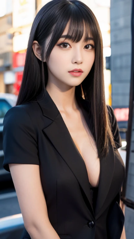 masterpiece,best quality, illustration, Ultra-detailed, finely detail, hight resolution, 8K Wallpapers, Perfect dynamic composition, Textured skin:1.5,Beautiful detailed eyes, Women's Fashion,Longhaire,small tits,Natural Color Lip, Bold sexy poses,ssmile,20 years girl, Cute, A look of shame,Sexy shot looking at camera,depth of fields, adult lady, collared shirt, Exposed cleavage,a necklace, 耳Nipple Ring,Secretary's suit,skyscraper,nighttime scene,high-heels,